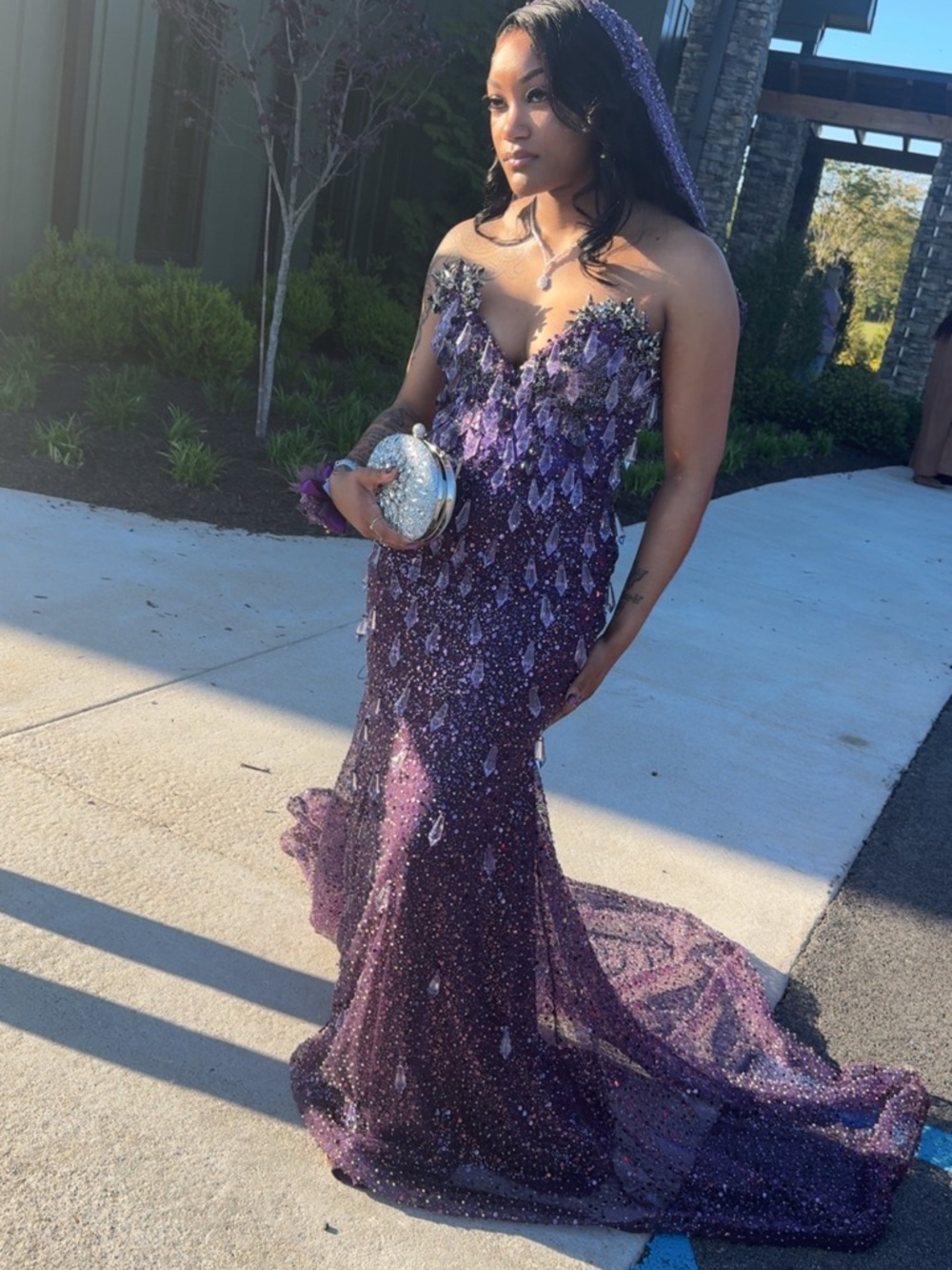 Elegant Purple Beaded Strapless Evening Gown
